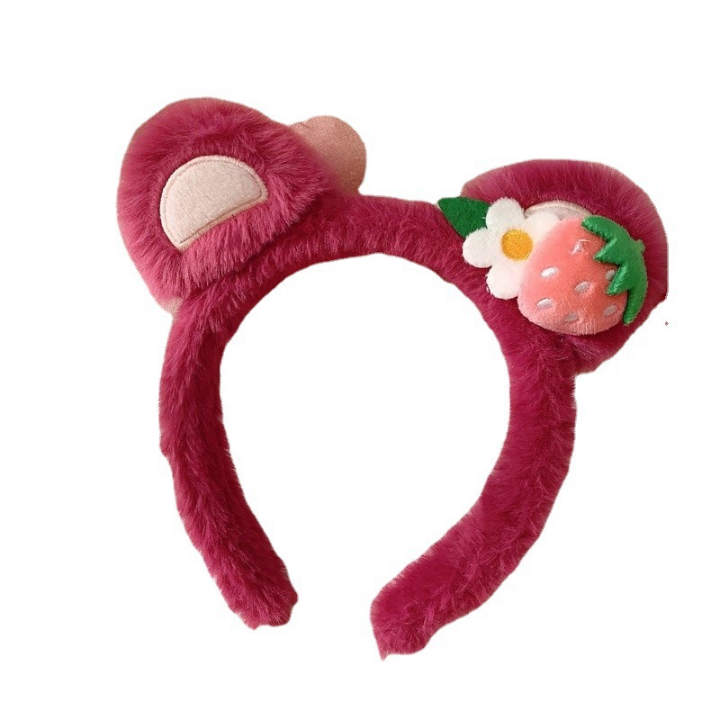 New Korean cute strawberry bear hairband for women, wholesale plush anti-slip headband for washing face, versatile hairpin headwear for going out Item Picture