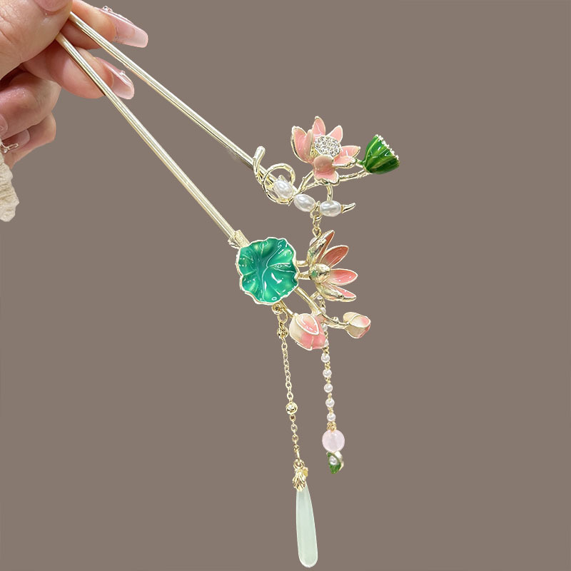 Ancient-style lotus leaf and lotus hair hairpin for women, new style, wavy, tassel hair, back of the head, coiled hair hairpin, hairpin accessory Specification drawing