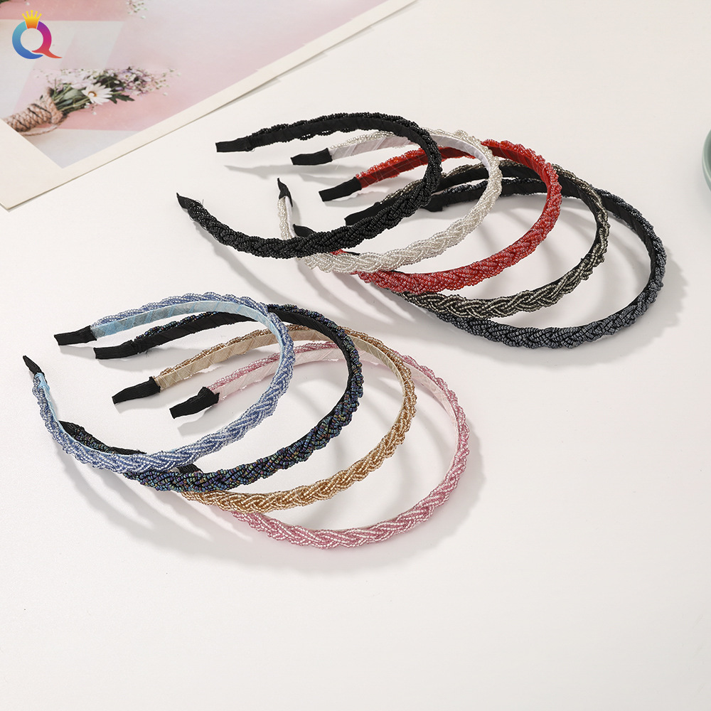 Qiyue Cross-border's new fashionable hand-woven rice bead headband, simple and versatile braided hair band, hairpin and hair accessory for women full figure