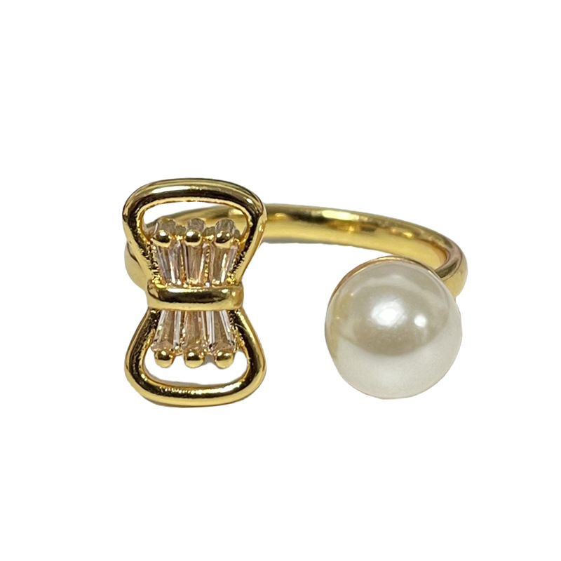 French retro bow pearl ring, adjustable for women, sweet and cool niche design, geometric fashion and elegant index finger ring Item Picture
