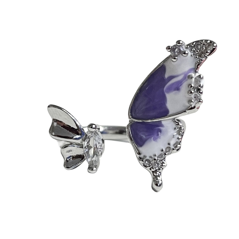 Cross-border fashion sweet and cool butterfly purple drip glaze open ring, women's Instagram cold style light luxury high-end index ring Item Picture