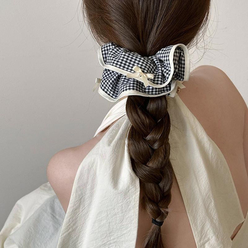 French black checkered pearl bow, large intestine hair band, high-end Korean style for women, ponytail hair tie, hair accessory Specification drawing