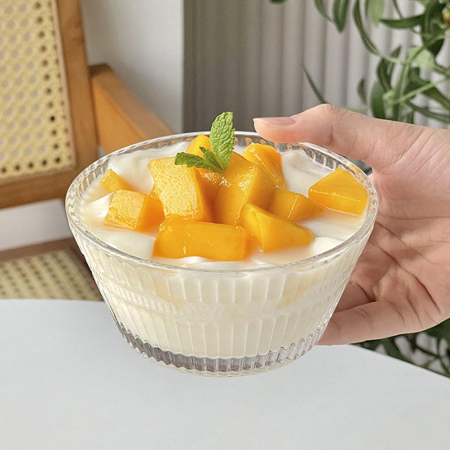 Vertical pattern dessert glass bowl, bird's nest breakfast bowl, tableware, sugar water, ice powder small bowl, fruit salad bowl, yogurt bowl Specification drawing