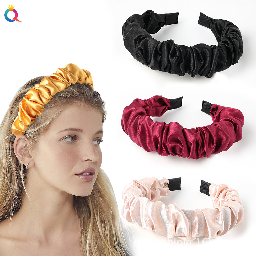 Qiyue Korean version new pleated simple satin headband solid color fashionable fabric compression hair band accessory wholesale details Picture