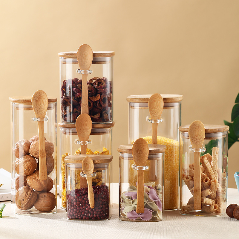 Round storage tank with wooden spoon, household high borosilicate glass sealed storage tank for tea, snacks, grains and cereals Specification drawing