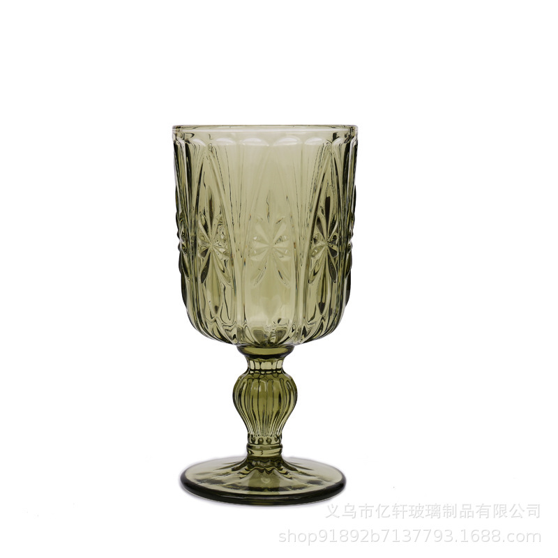 Factory wholesale vintage embossed glass wine glasses, European tall glass cups, colorful birthday juice cups for household use Item Picture