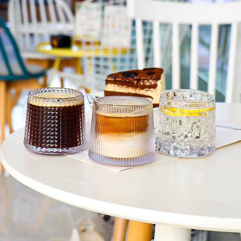 Korean ins glass cups, retro embossed latte cups, iced coffee cups, drink cups, unbreakable dolls, cocktail ice hockey cups details Picture