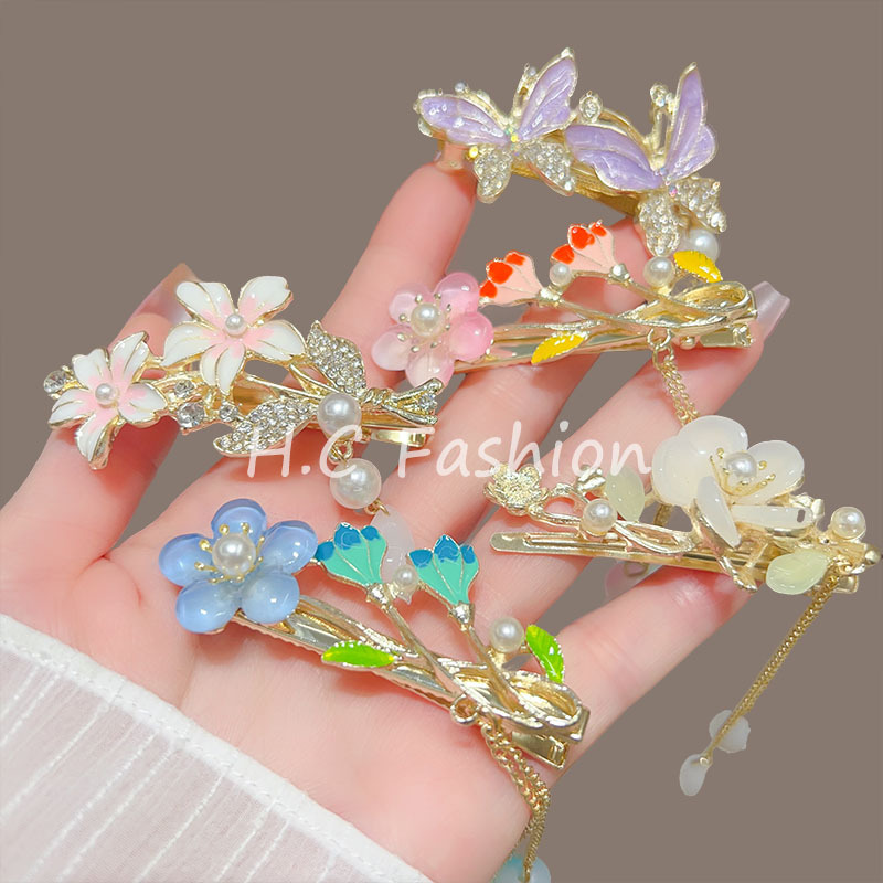 New Chinese-style ancient-style flower tassel hair clips for women spring and summer, new duckbill clips, fashionable hair clips, bangs clips, side clips details Picture
