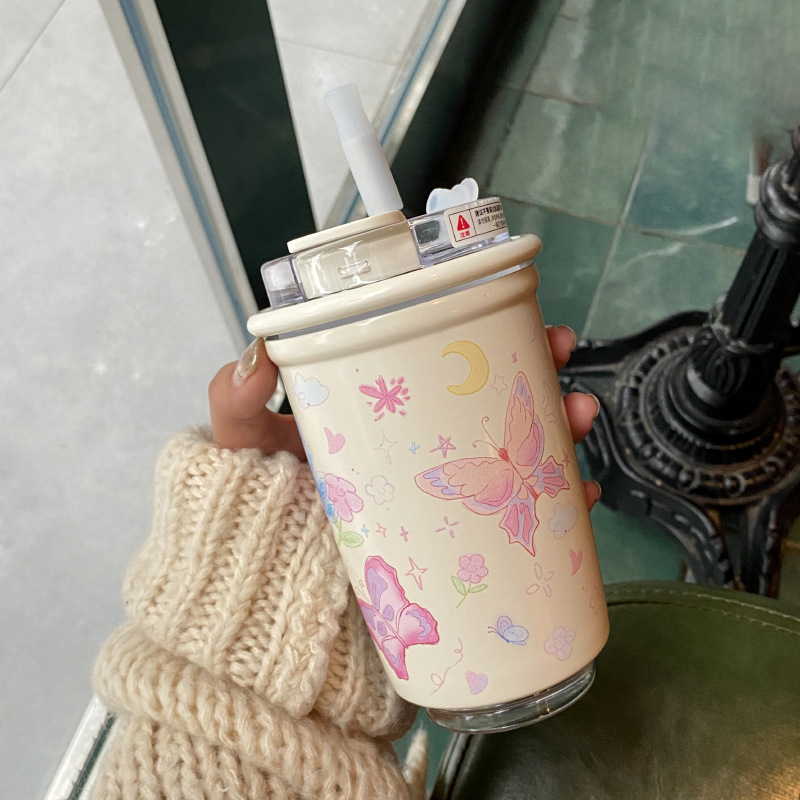 Self-made forest-style butterfly stainless steel straw insulated cup, Dream Garden travel cup, car water cup and coffee cup Item Picture