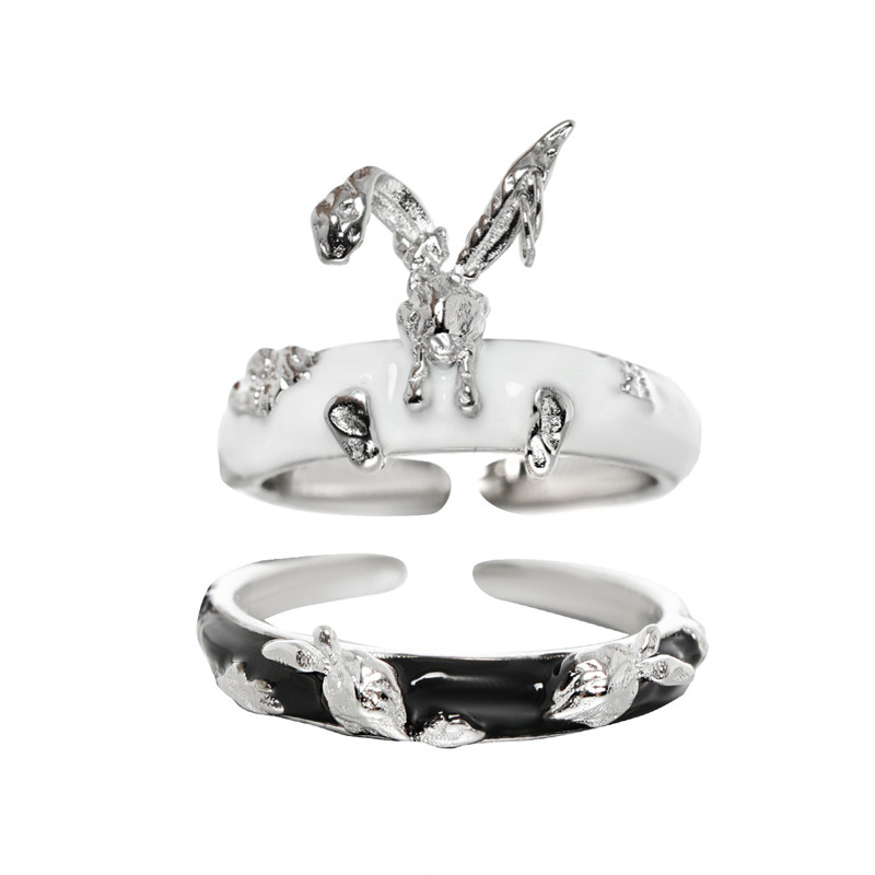 Simple and individual black and white glazed rabbit open ring, a niche design for women with a high-end feel, in an Instagram cold style ring trend Item Picture