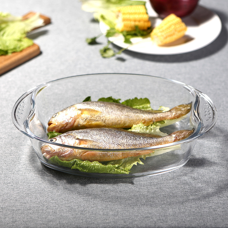 The Bojiang tempered glass plate is a round baking tray for home use in restaurants, a rice baking plate, a double-eared fish plate, and can be used in microwave ovens and ovens Application Scenario