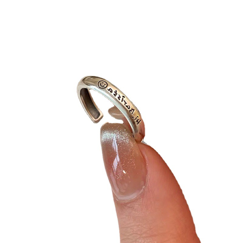 Retro aged square smiley face ring, a niche design for women, a high-end index finger ring, and a unique Instagram cold style ring Item Picture