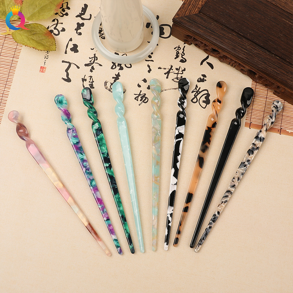 Qiyue Chinese style simple marble acetate board hairpin, New Chinese style high-end hairpin, hair accessory, headwear for women full figure