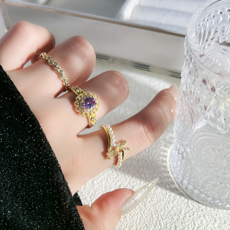 French high-end lace purple diamond light luxury open ring, female letter pearl, sweet and cool, cold style index finger ring details Picture