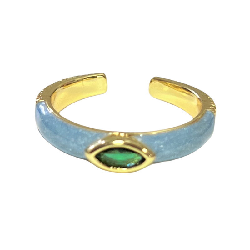 Minimalist blue gilt enamel drop glaze plain ring open ring, women's fair complexion, layering fashionable and individual ring trend Item Picture