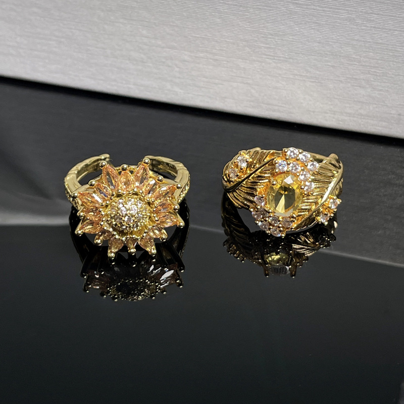 Cross-border European and American high-end, light luxury sunflower gold temperament adjustable ring, heavy industry personality cold style ring Specification drawing