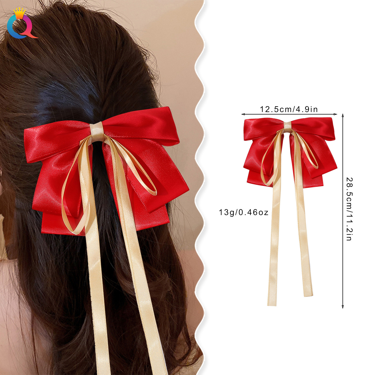 Qiyue Amazon Ribbon hair clips, Golden ribbon bow grab clips, elegant side spring clips hair accessories wholesale details Picture
