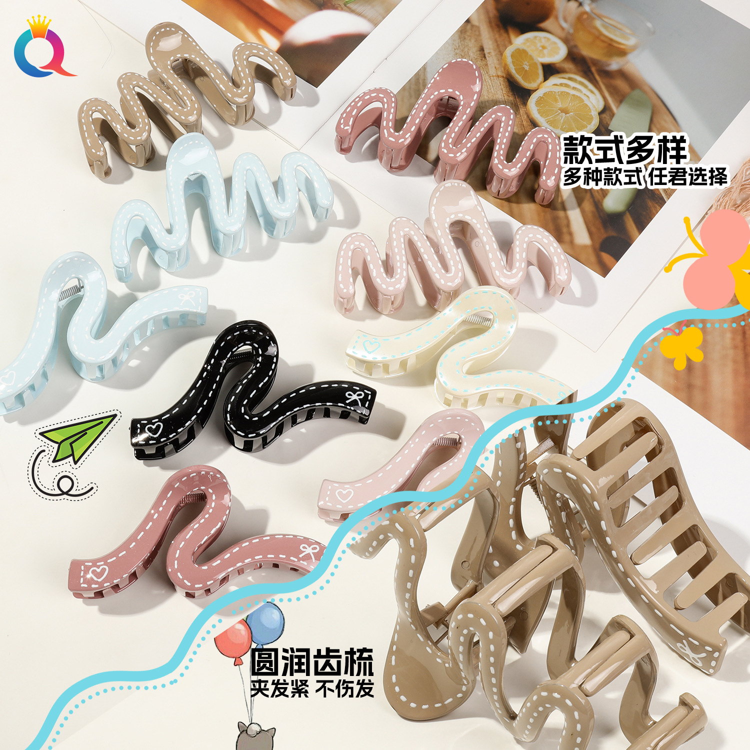Qiyue ins cream color hand-painted grab clip for women, simple large hair clip, high-end updo, shark clip, back of the head clip Specification drawing
