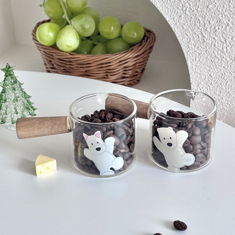High borosilicate glass coffee measuring cup, small milk cup, household ounce cup with scale, mini coffee cup, wooden handle milk can details Picture