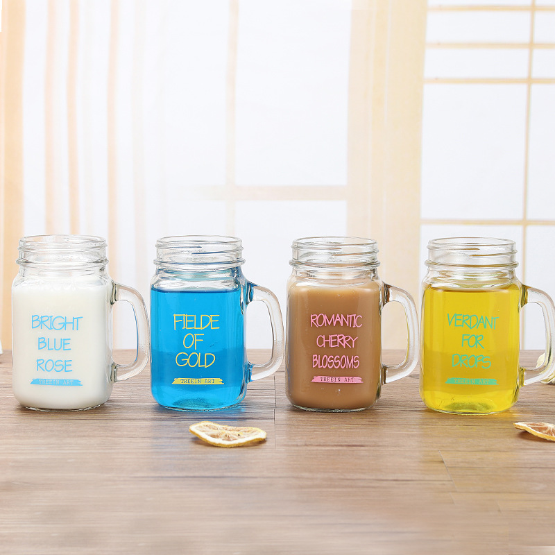 Creative straw cup, glass cup, English rooster cup, handle cup, milk tea bottle, beverage bottle, Mason cup with lid Specification drawing