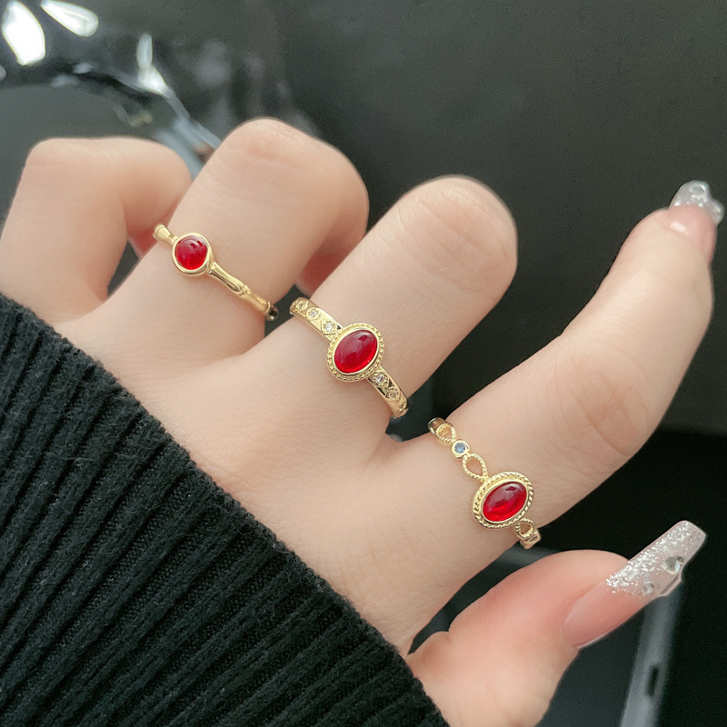 New Chinese-style retro bamboo joint red stone open ring for women, simple and fashionable, with a cold style and a high-end feel on Instagram details Picture