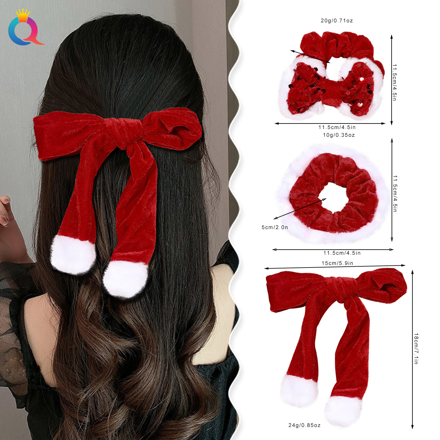 Wholesale of Qiyue Cross-border Christmas velvet fringed hair bands, high school elastic large intestine bands, hair curls, spring clips and hair accessories details Picture
