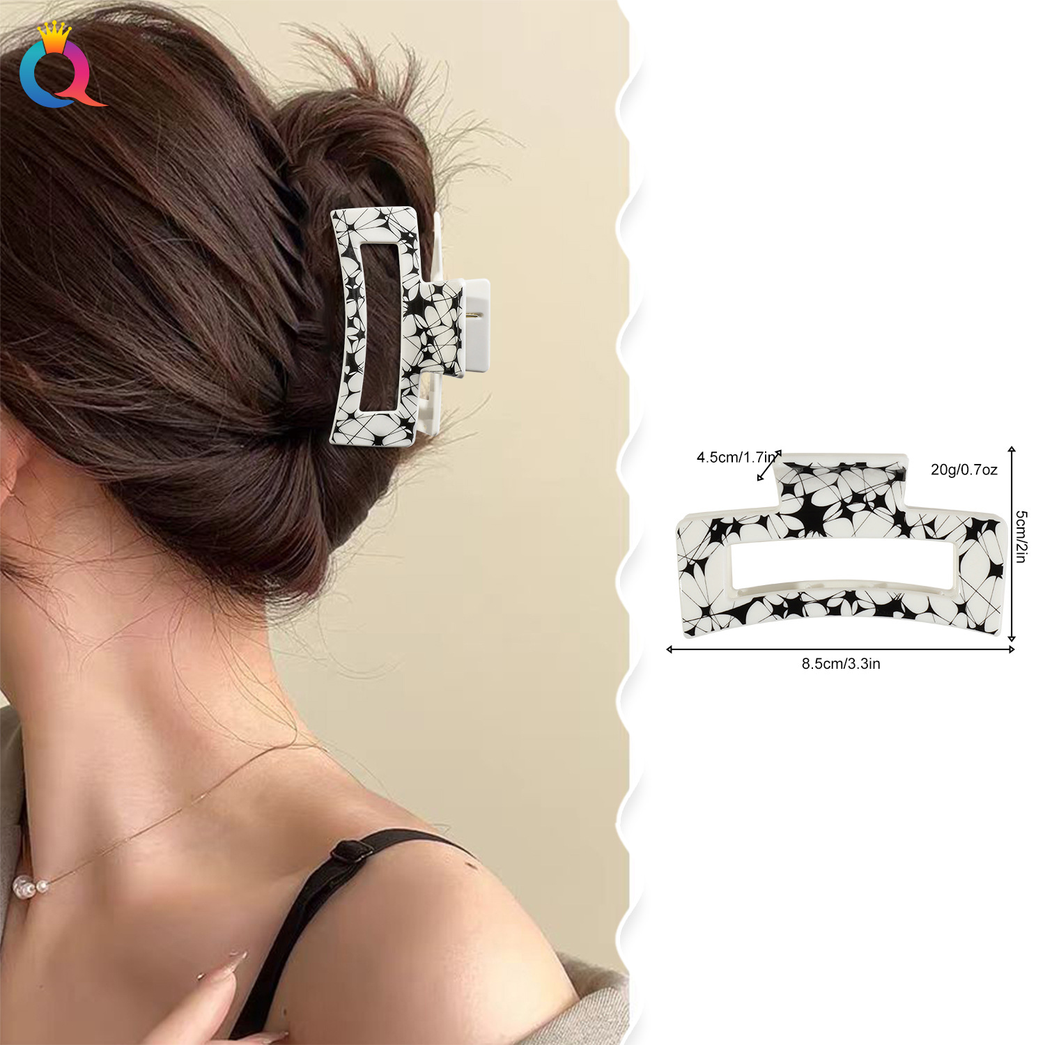 Qiyue Cross-border Heat Transfer black and White hair clips, simple updo print grab clips, high-end shark clip hair accessories wholesale details Picture