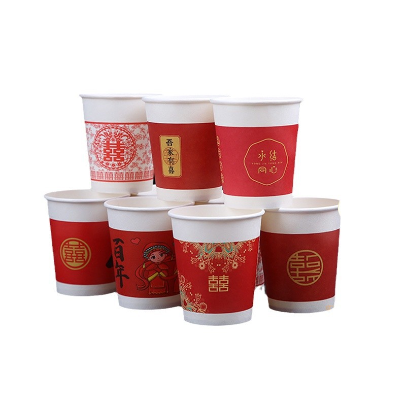 240ml disposable wedding paper cups, thickened wedding paper cups, red "xi" character tribute cups wholesale Item Picture