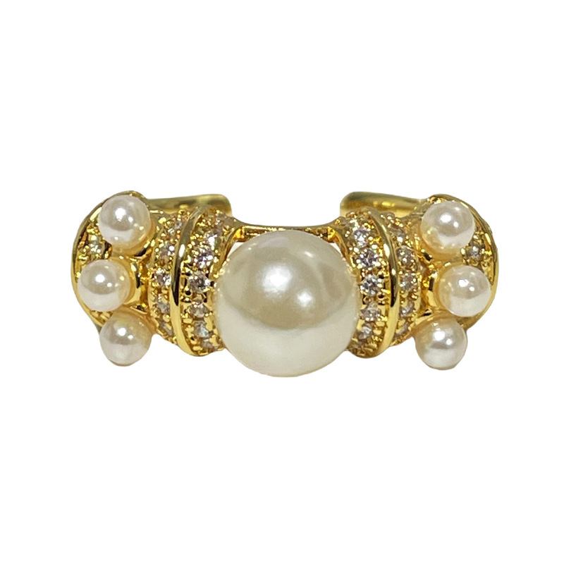 A delicate and elegant mid-style pearl inlaid fashionable open-top ring for women on Instagram, a cold and retro sweet and cool index finger ring Item Picture