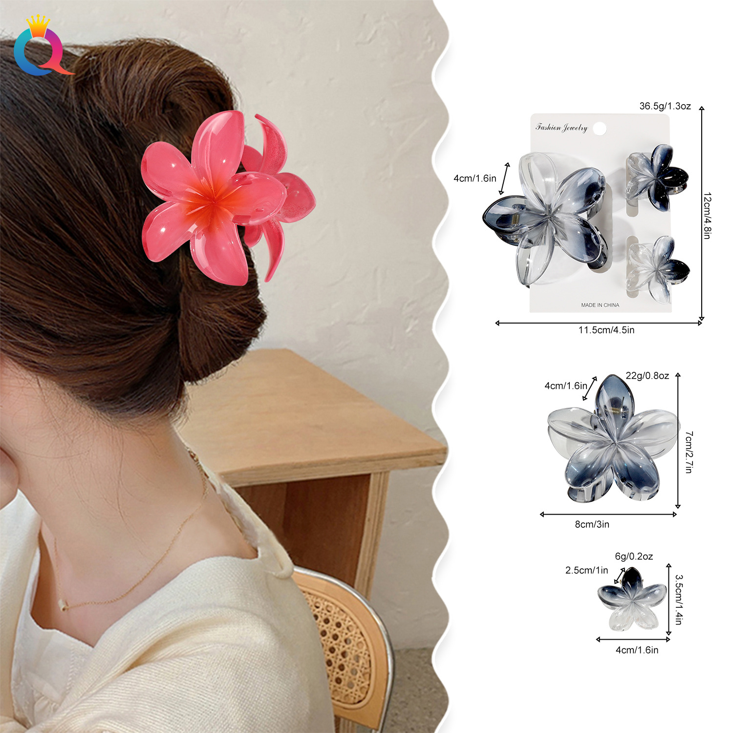 Qiyue Cross-border's best-selling frangipani hair clip set in Europe and America, Bauhinia flower grab clip for women's vacation, shark clip at the back of the head details Picture