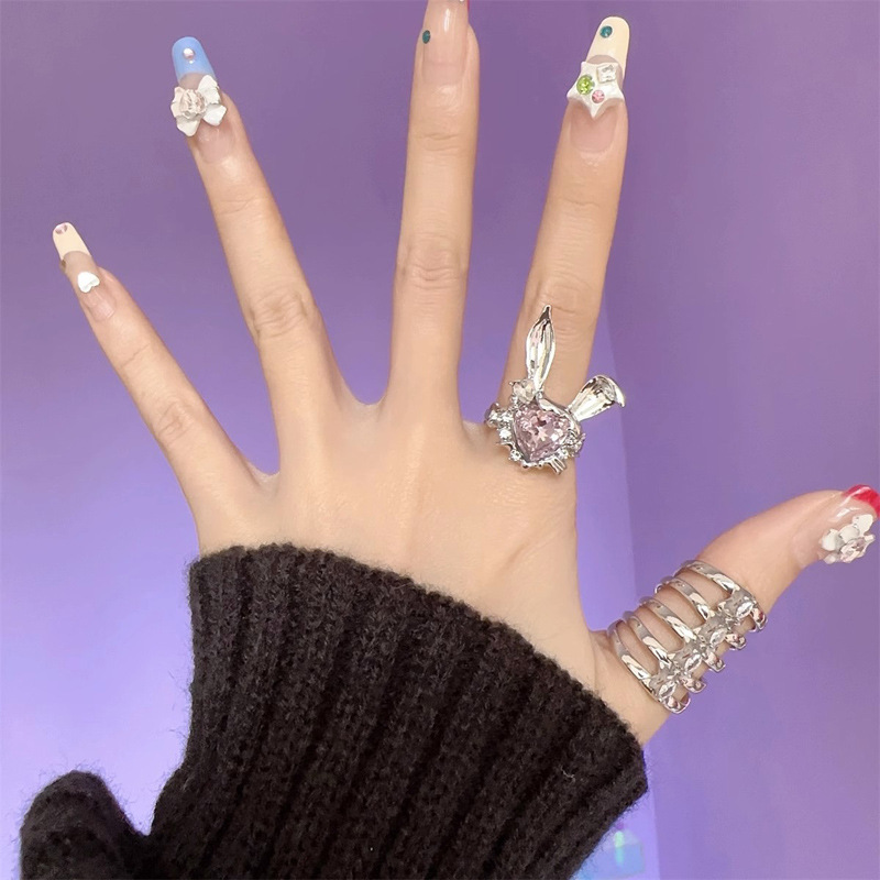 Cute, sweet and cool rabbit with diamonds, high-end feel, Japanese and Korean style, ins girl vibe, unique opening, Y2K hot girl, trendy food ring Specification drawing