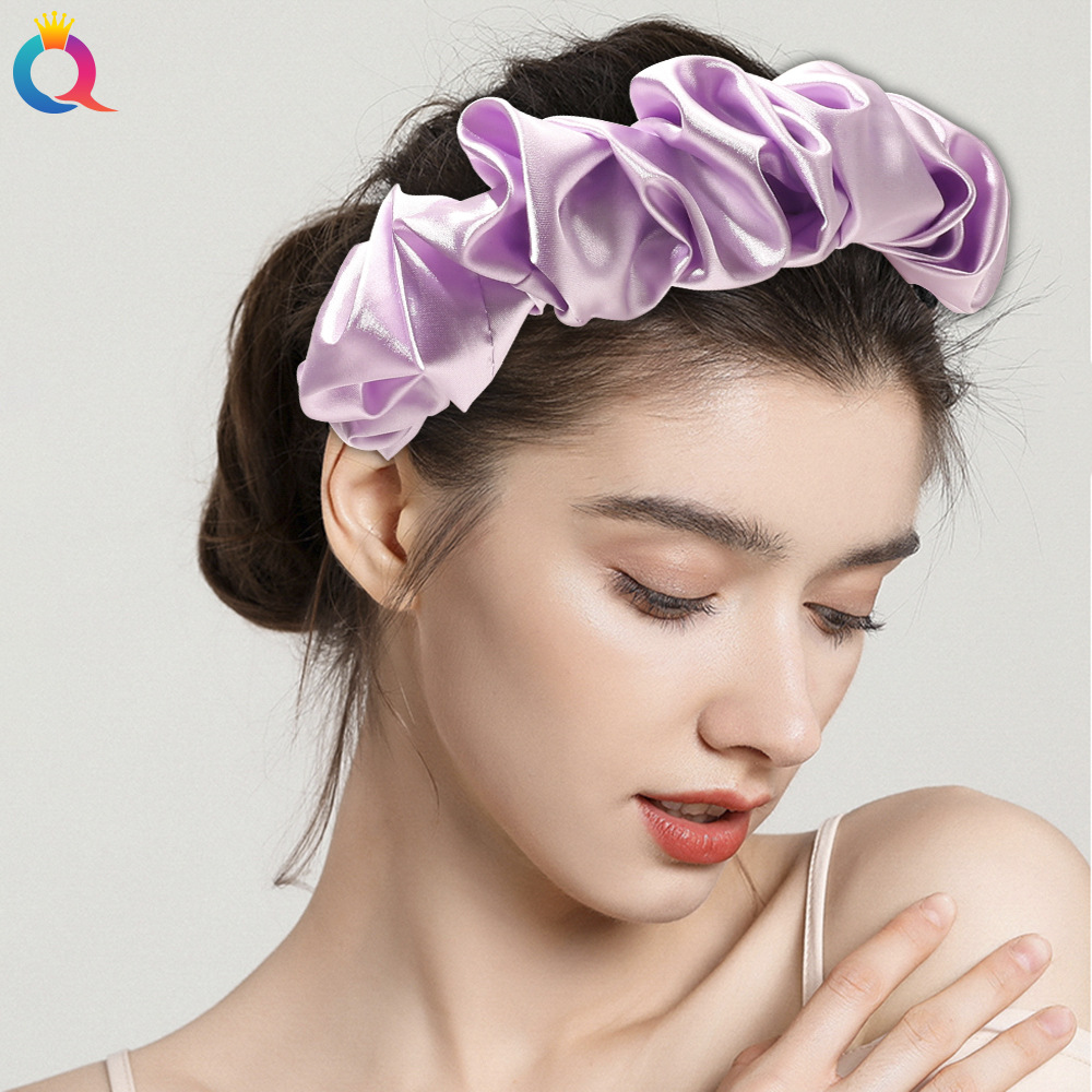 Qiyue Korean Large Intestine pleated hairband, versatile silk-like solid color satin headband, simple and retro hairpin headwear Specification drawing