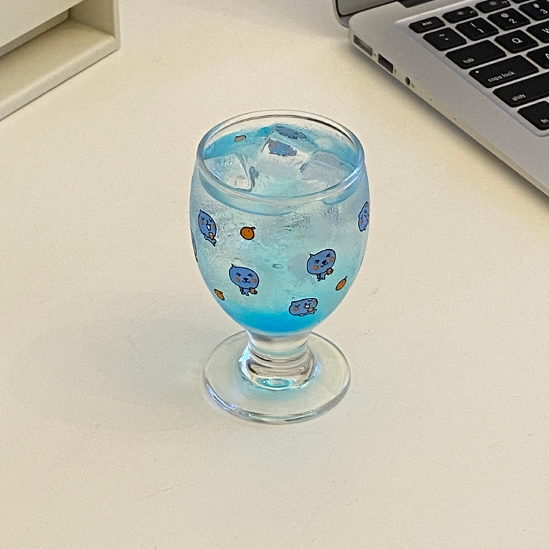 Chinese-style blue ins cute blue queer tall glass cup, cute little blue man glass water cup gift details Picture