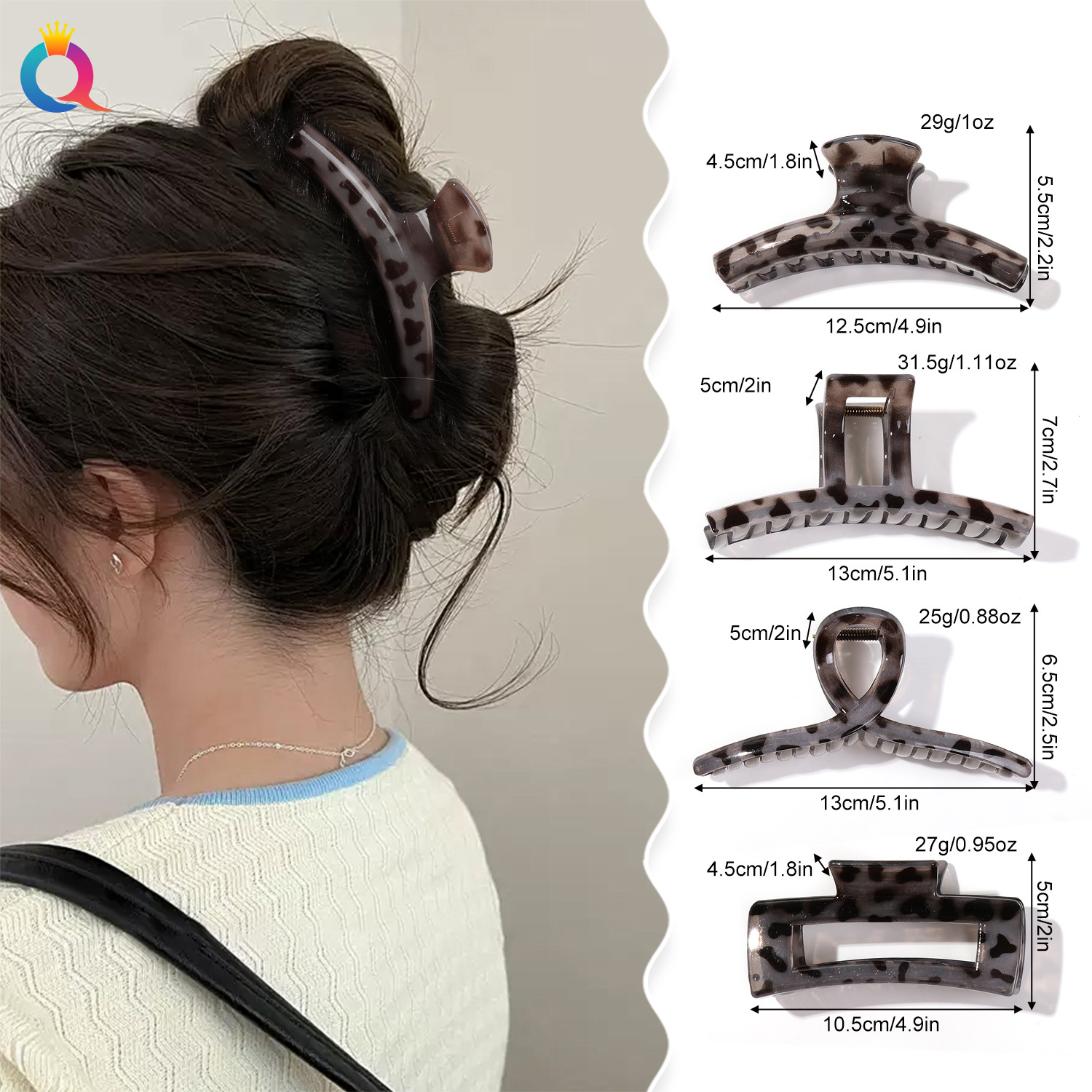 Wholesale of Qiyue leopard print square hair clips, straight hair clips, women's back head updo, shark clips, hair clips and hair clips details Picture