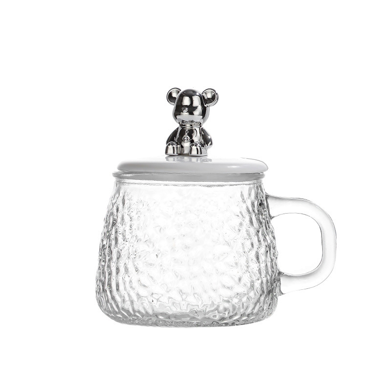 Little bear hammer-patterned glass cup, home water cup, cute and creative cup lid with handle, printed logo coffee cup Item Picture