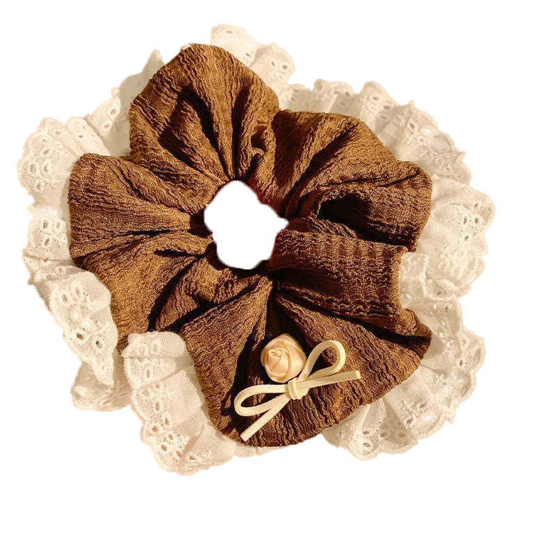 Maillard brown lace bow large intestine hair band for women's high-end look, large low ponytail hair accessory, hair tie and leather band Item Picture