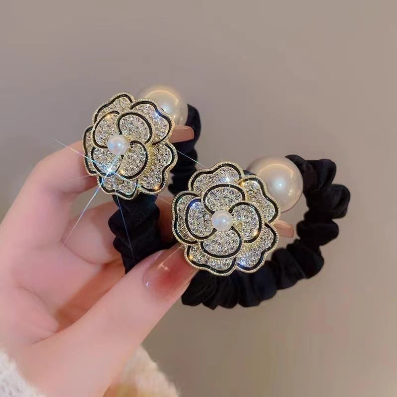 Elegant and refined camellia hair band, high school elastic flower small intestine band, high ponytail hair tie, bun hair, rubber band headwear details Picture