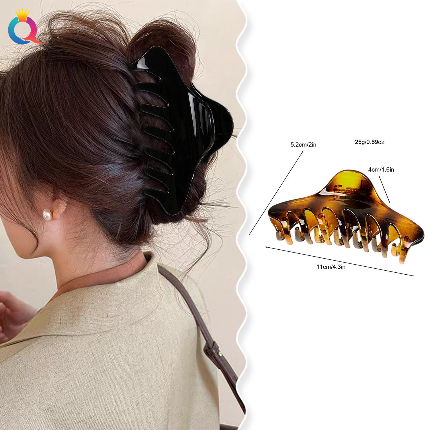 Qiyue Cross-border PC pointed hairpin, high-end large hairpin, updo, shark clip, women's grab clip, hair accessory wholesale Specification drawing
