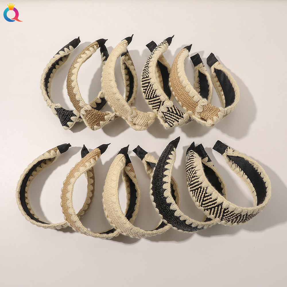 Qiyue Cross-border European and American wide edge woolen edge raffia hair band, simple cross-knotted headband, straw braided hair clip and hair accessory details Picture
