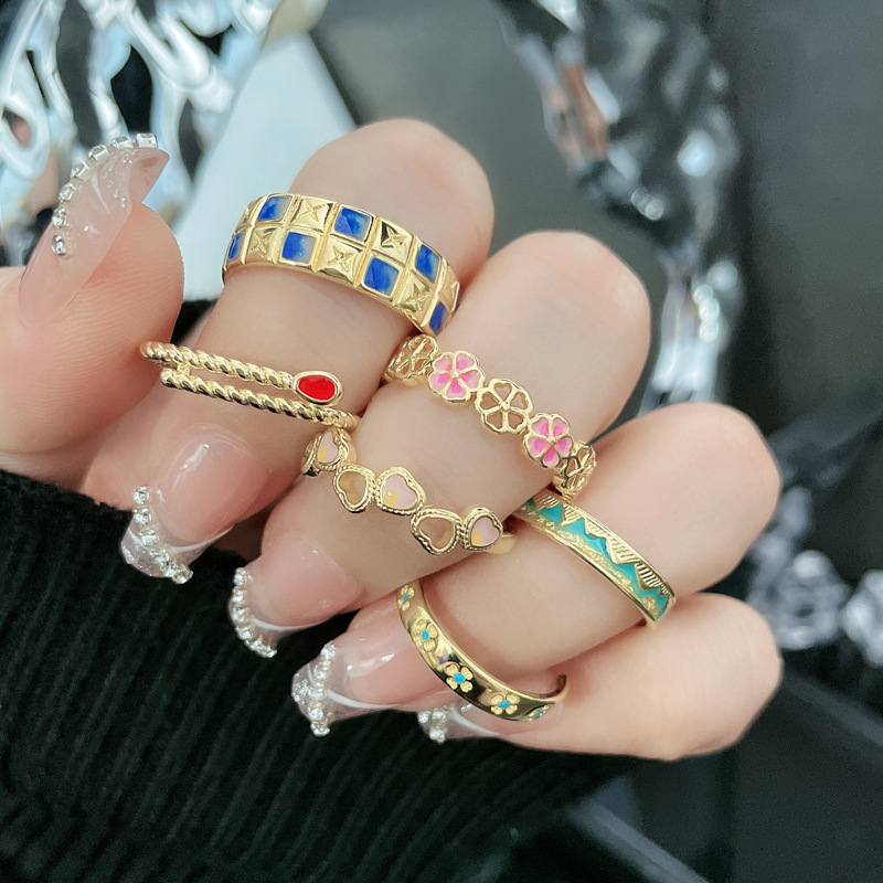 Retro style, ins, trendy, sweet and cool flower opening ring, women's heart, gradient drip glaze, niche design sense ring trend full figure