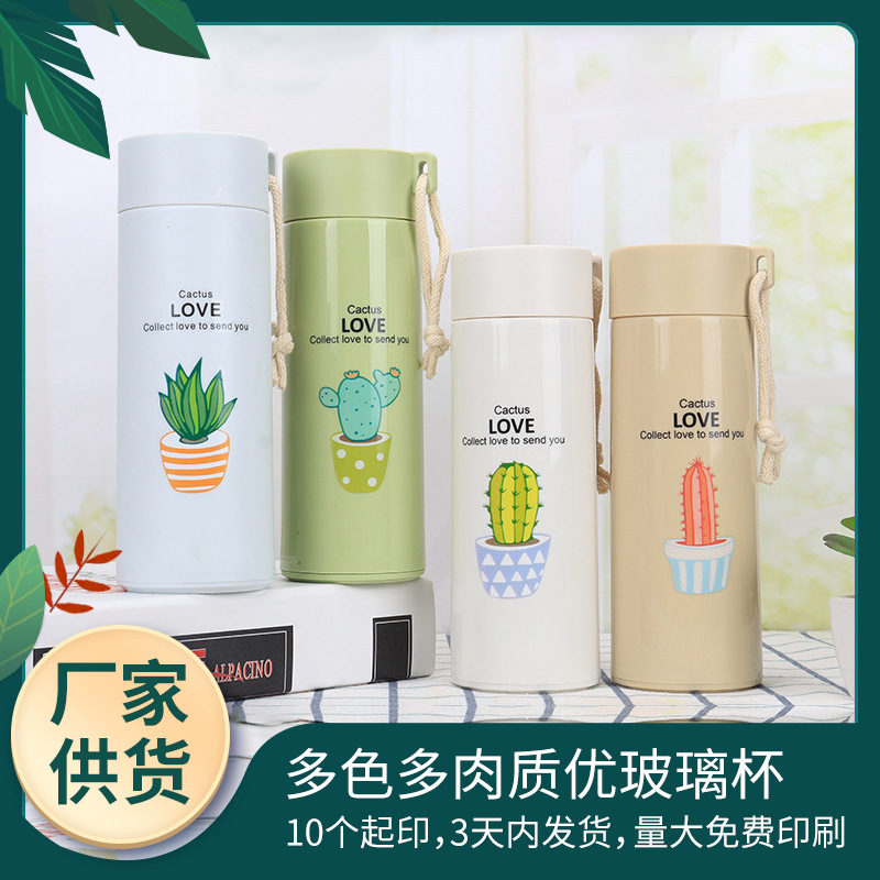 Wholesale succulent business cup, opening anniversary event, logo printing advertising gift cup, fresh double-layer glass water cup full figure
