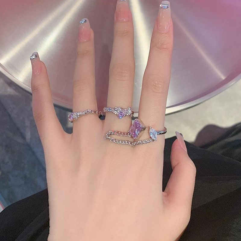 Korean Instagram cool and trendy purple square diamond chain tassel open ring, sweet and cool irregular pleated ring for women full figure
