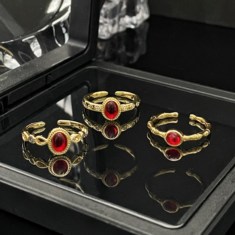 New Chinese-style retro bamboo joint red stone open ring for women, simple and fashionable, with a cold style and a high-end feel on Instagram Specification drawing
