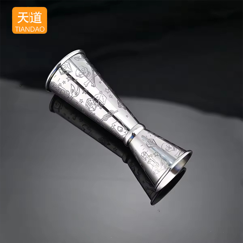 304 stainless steel measuring cup, ANSI cup, double-head wine measuring device, etched pattern, 30/60 rolled edge, slanted body, wine glass mixing tool Specification drawing