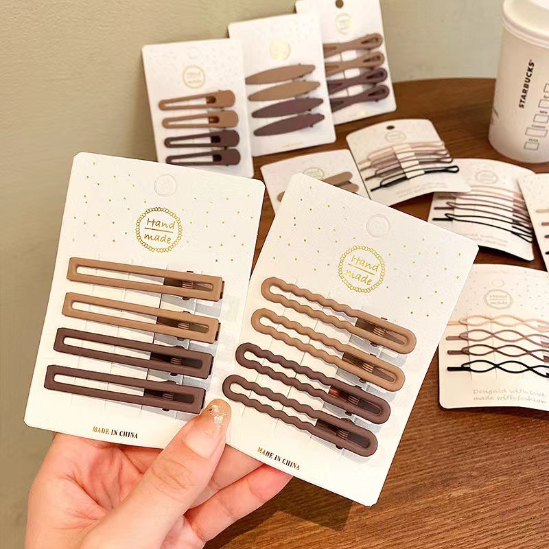 4 sets of simple gradient coffee-colored seamless hair clips, duckbill clips, bangs side clips, and back hairpins for women full figure