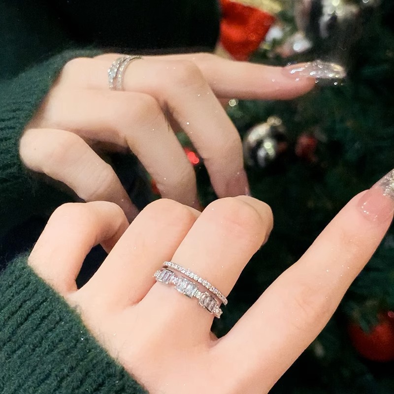 Exquisite double-layer zircon ring, women's niche design, high-end plain ring, open index finger ring, tail ring Specification drawing