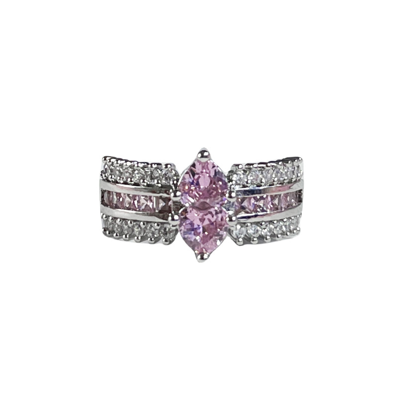 A light luxury and high-end pink diamond heart-shaped butterfly zirconia open ring, a sweet and cool style for women, versatile and fashionable index finger ring Item Picture