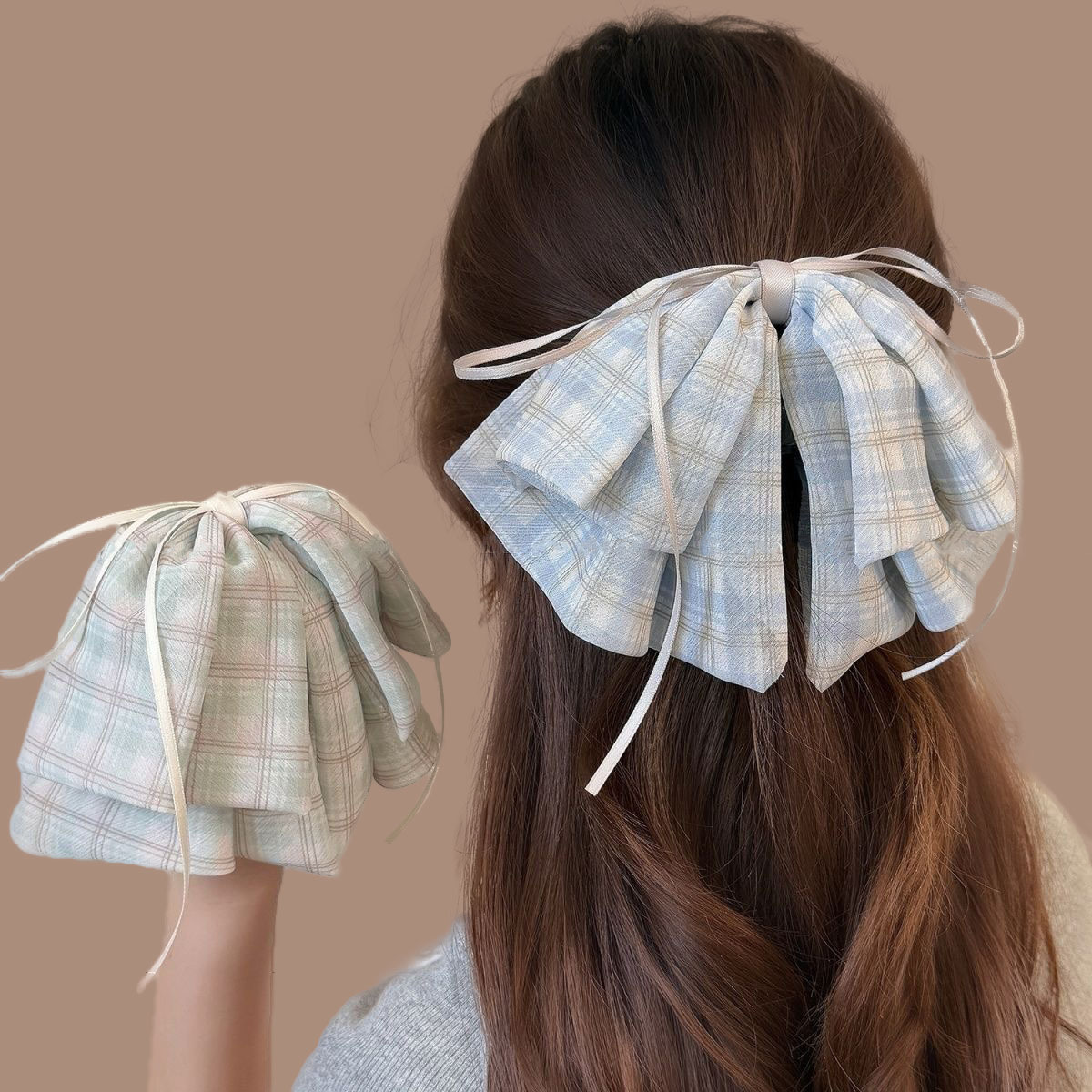 Sweet checkered bow ribbon ponytail clip with a light luxury and high-end feel, new scratch-off hairpin, fashionable hair clip at the back of the head full figure