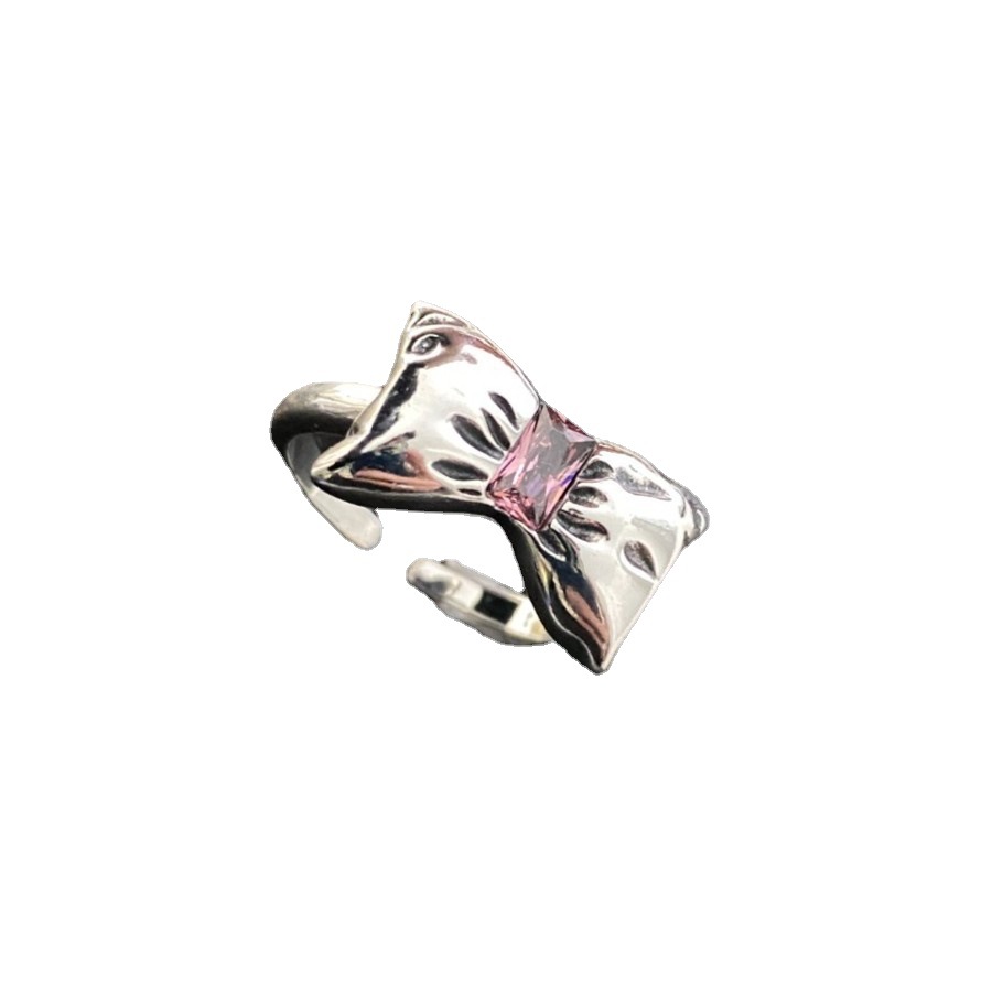 A niche design with a high-end feel, pink diamond zircon bow open ring, a light luxury and cold style for women, and a sweet and cool personality Item Picture