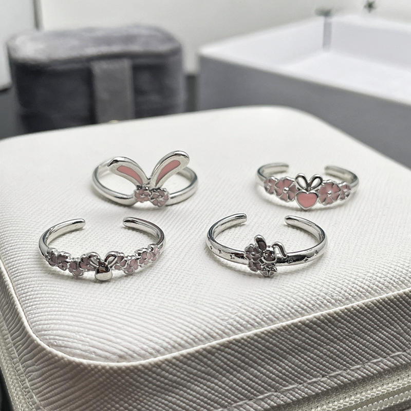 Korean-style simple and fashionable student cute little rabbit open ring, sweet and cool pink niche design ring for women Application Scenario